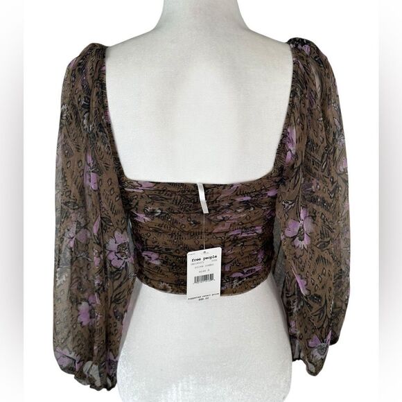 Free People Olive Green & Purple Floral Lilia Ruched Mesh Crop Top - Picture 5 of 13